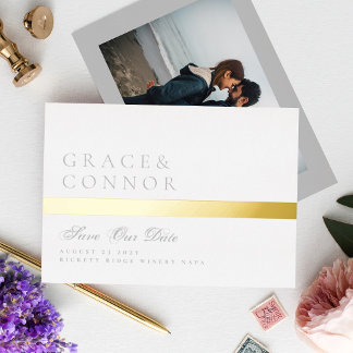 Invitation En Aluminium Faire part de photo de bande dorée blanc gris clai