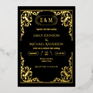 Invitation En Aluminium Fairepart de mariage noir et or élégant avec monog