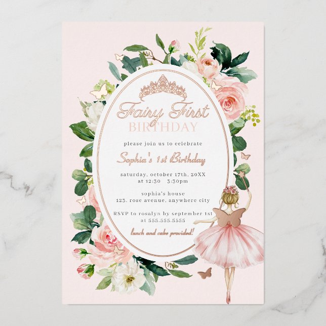 Invitation En Aluminium Fairy 1er anniversaire Rose Gold (Recto)