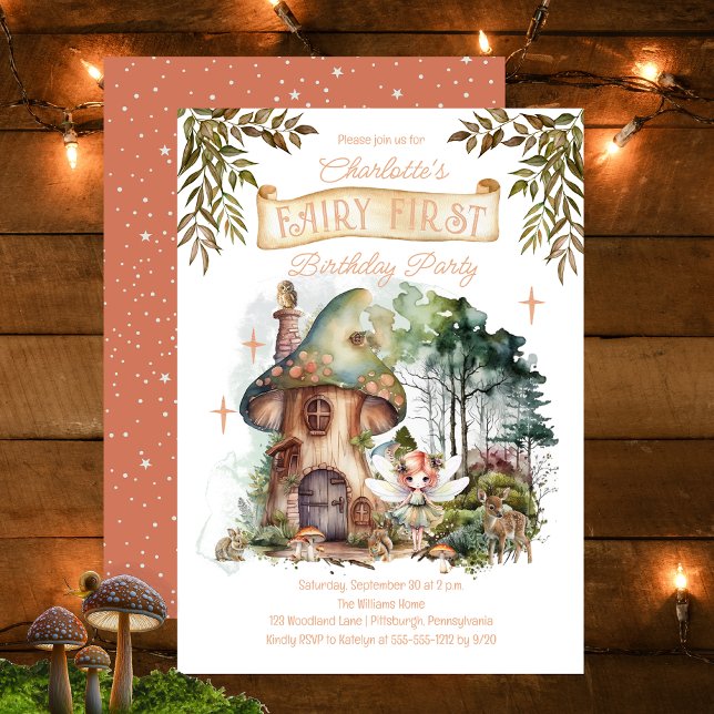 Invitation En Aluminium Fairy First Woodland Animaux Champignons 1er anniv (Fairy First Woodland Animals Mushrooms Girl's 1st Birthday Party Rose Gold Foil Invitation)