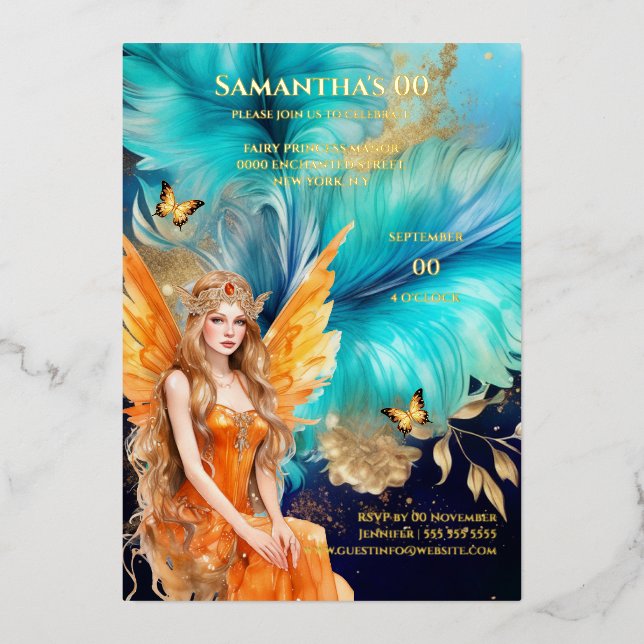 Invitation En Aluminium Fairy princess turquoise orange mythique conte de  (Recto)