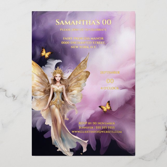 Invitation En Aluminium Fairy princesse violet or mythique conte de fées (Recto)