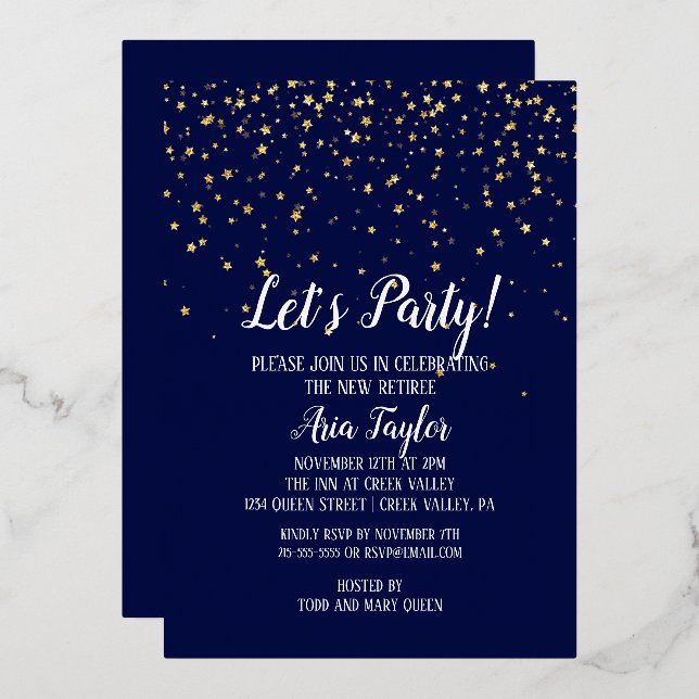 Invitation En Aluminium Faisons la fête Gold Confetti sur Navy Blue Party  (Recto/Verso)