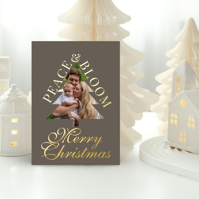 Invitation En Aluminium Family photo pine tree script gray gold real  (Family photo, pine tree, gold handwritten script real foil  christmas card)