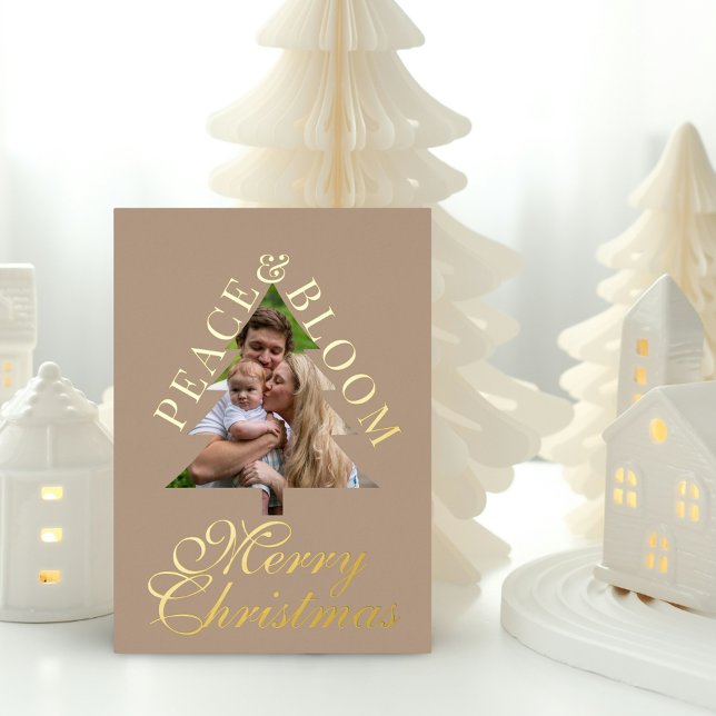 Invitation En Aluminium Family photo pine tree script taupe gold real  (Family photo, pine tree, handwritten script, taupe gold real foil christmas card )