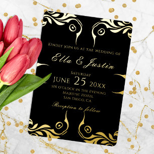 Invitation En Aluminium Fancy Chic Faux Gold Bordure Sur Mariage Noir