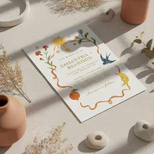 Invitation En Aluminium Fantaisie Soleil & Lune Floral Papier d'Or Mariage