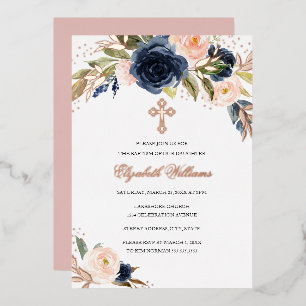 Invitation En Aluminium Fard à joues Rose Gold Fleur Navy Baptême Fille