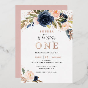 Invitation En Aluminium Fard à joues Rose Gold Fleur Navy Fille 1er Annive