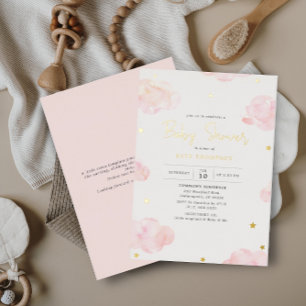 Invitation En Aluminium Fardeau Rose Nuages Aquarelle Fille Baby Shower Or
