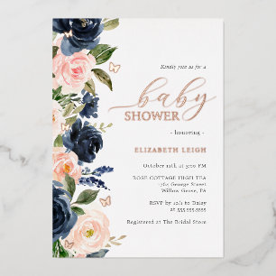 Invitation En Aluminium Fardée Baby Shower Papillon Floral Navy 