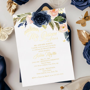 Invitation En Aluminium Fardée Papillon Or Quince Quinceanera Navy