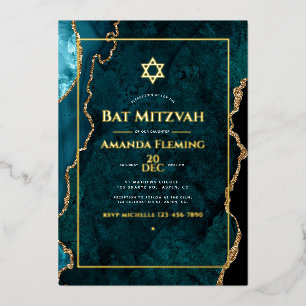 Invitation En Aluminium Faux Agate Bat Mitzvah sarcelle et or