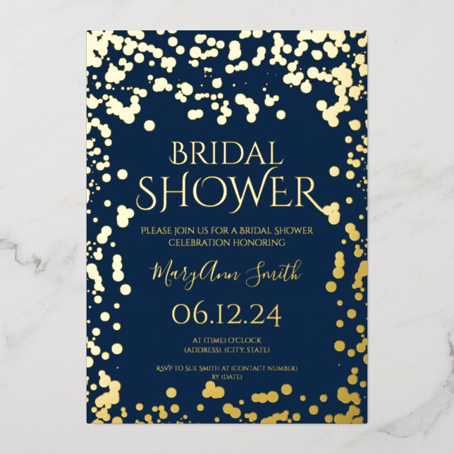 Invitation En Aluminium Faux Gold Foil Confetti Fête des mariées Navy Blue (Recto)