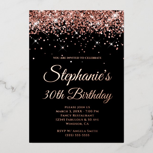 Invitation En Aluminium Faux Sparkly Rose Gold Parties scintillant Black 3 (Recto)