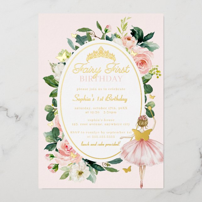 Invitation En Aluminium Fée Rose Premier 1er Anniversaire Or  (Recto)