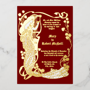 Invitation En Aluminium Femme Art Nouveau & Harpe dans des Roses Mariage