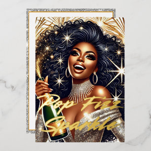 Invitation En Aluminium Femme Noire Glamour Ouvrant une Bouteille de Champ
