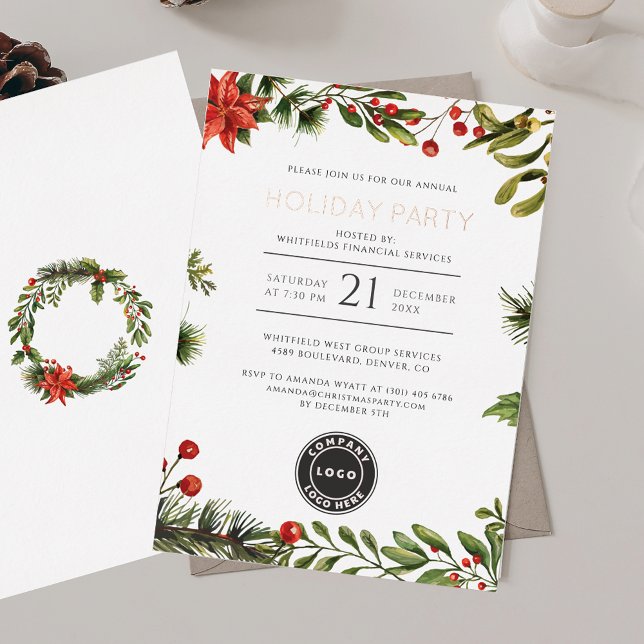 Invitation En Aluminium Festif Affaires Noël Fête Rose Gold (Christmas Open House Red Berries Mistletoe Party Rose Gold Foil Invitation)