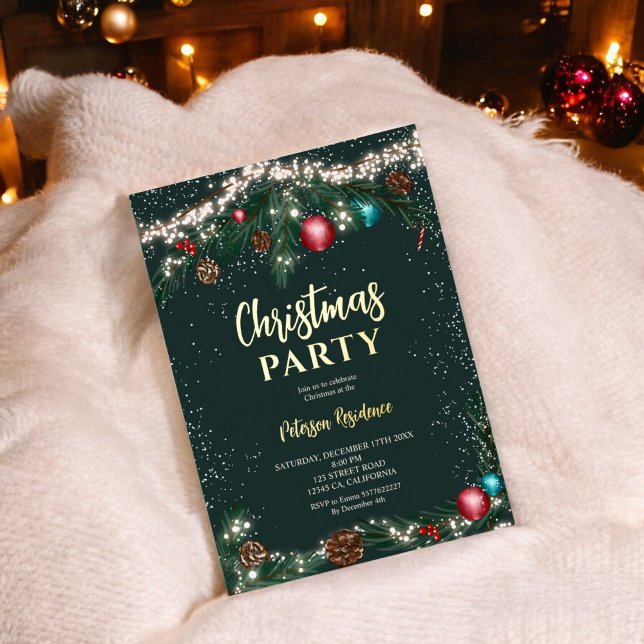 Invitation En Aluminium Festif lumières de Noël branches de pin vert neige (Festive Christmas lights pine branches snow green Foil Invitation)