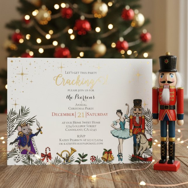 Invitation En Aluminium Festive Nutcracker Ballet Christmas Party White (Festive Nutcracker Christmas Party Invitations. Real Gold Foil. Nutcracker, Ballerina, Mouse King)