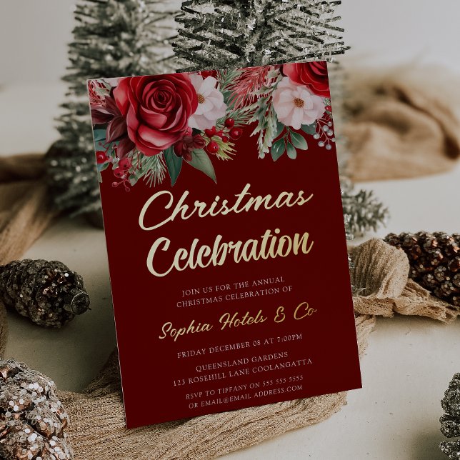 Invitation En Aluminium Festive Red Floral Noël Celebration Gold (Créateur téléchargé)