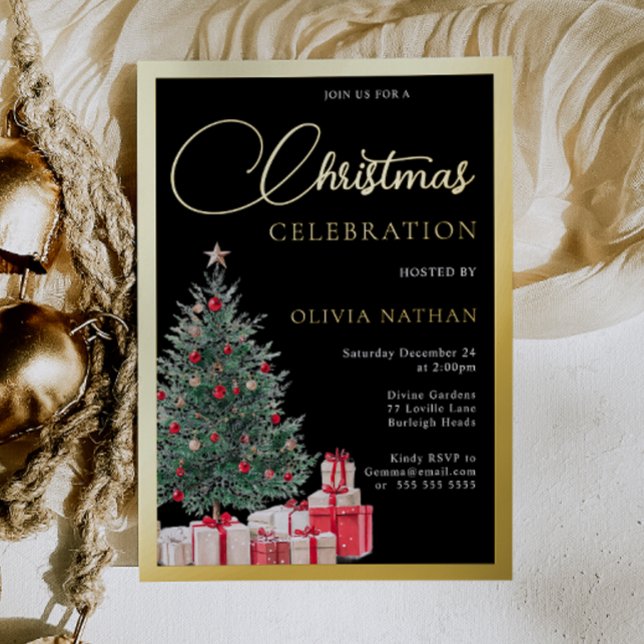 Invitation En Aluminium Festive Tree Black Office Christmas Party Gold (Créateur téléchargé)