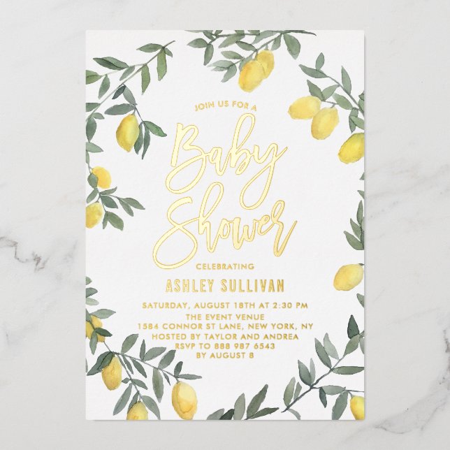 Invitation En Aluminium Fête bébé Couronne de citron aquarelle Boho (Recto)