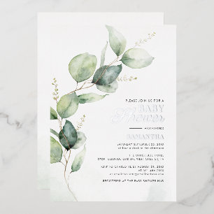 Invitation En Aluminium Fête bébé Eucalyptus aquarelle argentée