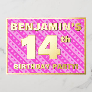 Invitation En Aluminium Fête d'anniversaire 14 ans — Cœurs roses et rayure