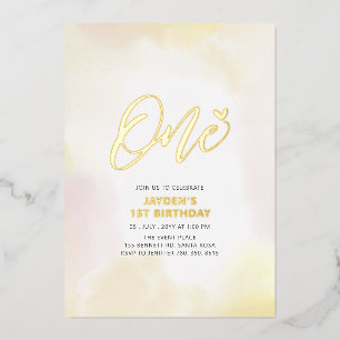 Invitation En Aluminium Fête d'anniversaire 1 an avec cœur or et jaune