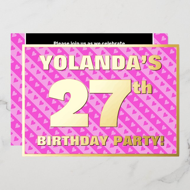 Invitation En Aluminium Fête d'anniversaire 27 ans — Cœurs roses et rayure (Recto/Verso)