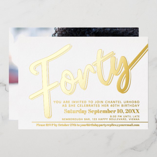Invitation En Aluminium Fête d'anniversaire 40 ans blanche avec écriture d (Recto/Verso)