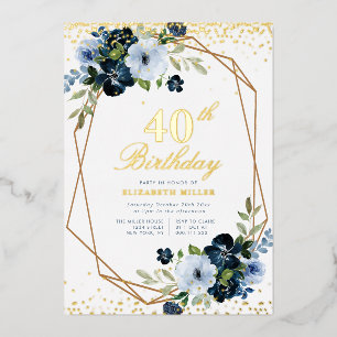 Invitation En Aluminium fête d'anniversaire 40 ans florale bleue or