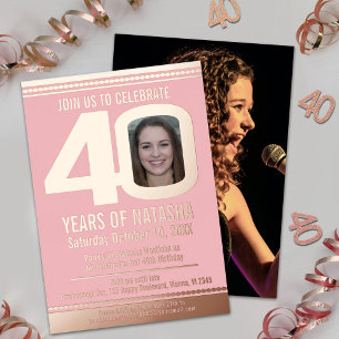 Invitation En Aluminium fête d'anniversaire 40 ans photo rose poussiéreuse