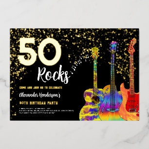 Invitation En Aluminium Fête d'anniversaire 50 ans 50 Rocks Guitare Doré P