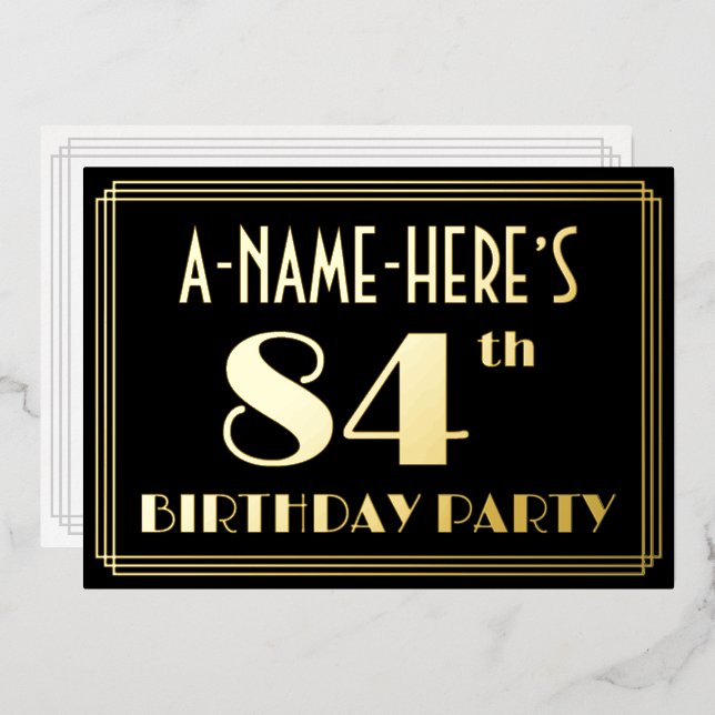 Invitation En Aluminium Fête d'anniversaire 84 ans : Style Art Déco “84”,  (Recto/Verso)