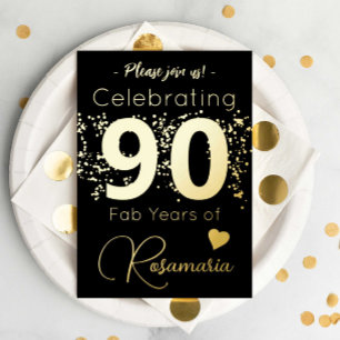 Invitation En Aluminium Fête d'anniversaire 90 ans Black Gold Glitter