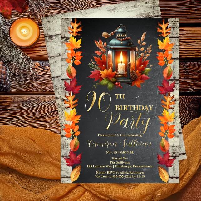 Invitation En Aluminium Fête d'anniversaire 90 ans Lanterne rustique et fe (Rustic Elegance Lantern and Leaves Fall | Autumn 90th Birthday Party Foil Invitation)
