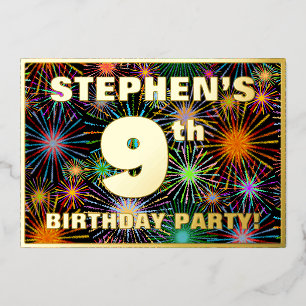 Invitation En Aluminium Fête d'anniversaire 9 ans — Feu d'artifice coloré