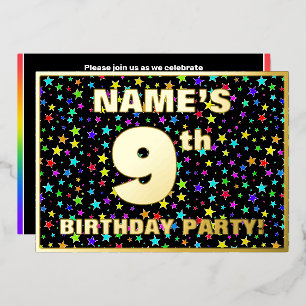 Invitation En Aluminium Fête d'anniversaire 9 ans — Motif d'étoiles coloré