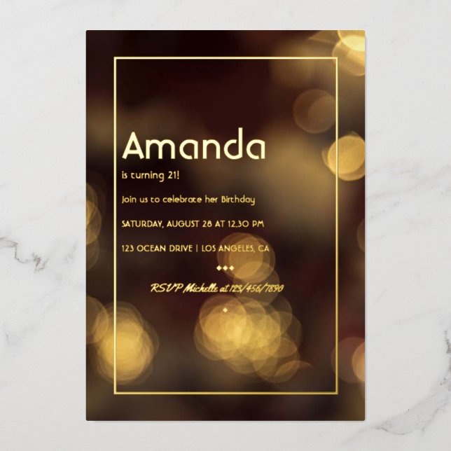 Invitation En Aluminium Fête d'anniversaire Bokeh Or (Recto)