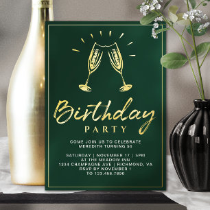Invitation En Aluminium Fête d'anniversaire Champagne Vert émeraude et Or