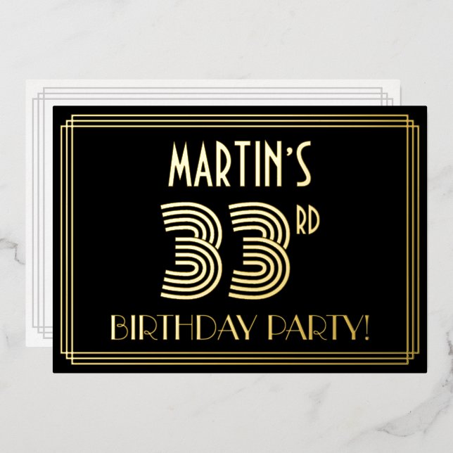 Invitation En Aluminium Fête d'anniversaire de 33 ans — Style Art Déco “33 (Recto/Verso)