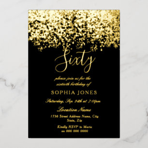 Invitation En Aluminium Fête d'anniversaire de 60 ans noir paillettes or