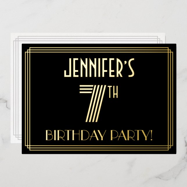 Invitation En Aluminium Fête d'anniversaire de 7 ans — Style Art Déco “7”  (Recto/Verso)