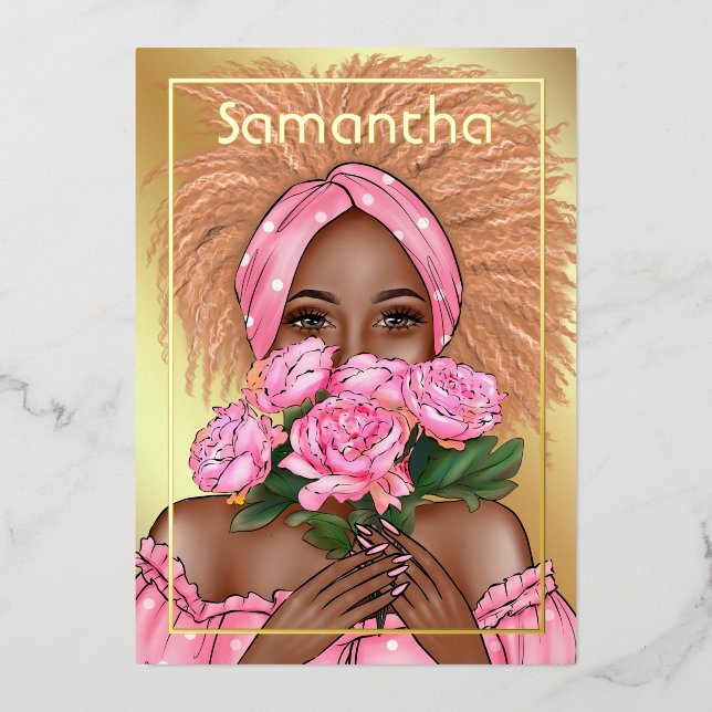 Invitation En Aluminium Fête d'anniversaire de la femme noire rose et or (Recto)