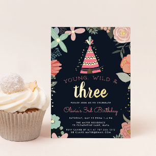 Invitation En Aluminium Fête d'anniversaire de Young, Wild & Three