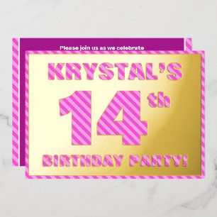 Invitation En Aluminium Fête d'anniversaire des 14 ans — Rayures roses, au