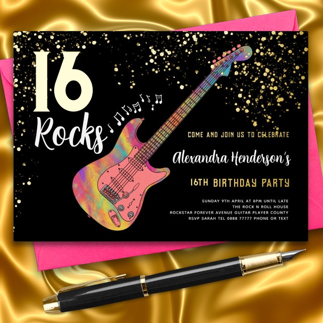 Invitation En Aluminium Fête d'anniversaire des 16 ans Rock and Roll (Rock and roll 16th birthday party black and gold invitation with cool pink electric guitar)